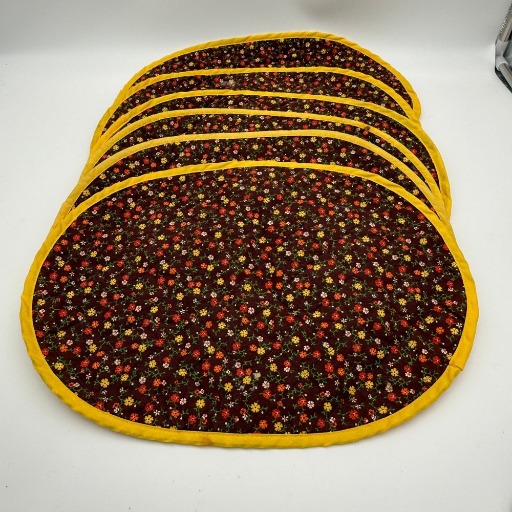 Vintage Quilted Reversible Oval Placemats Set of 6 Floral Calico Mustard Yellow